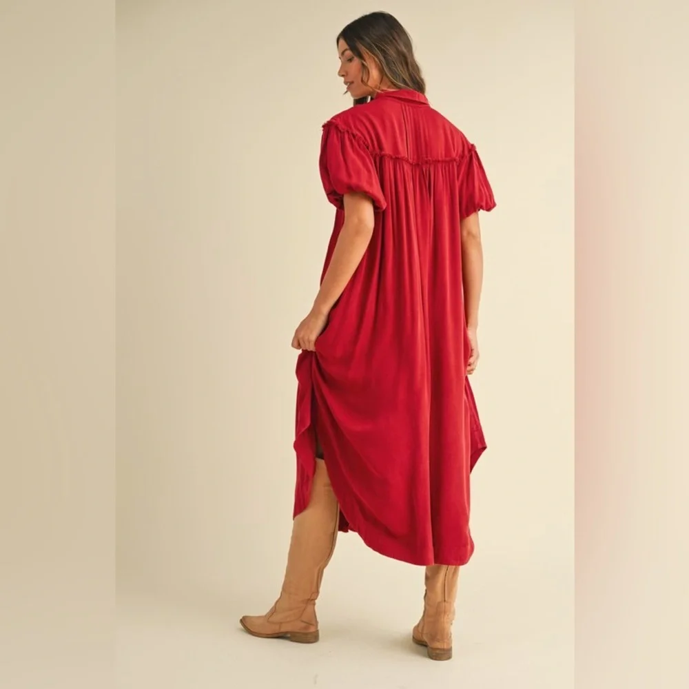 Annie Wear Mineral Washed Button Down Puff Sleeve Shirt Dress - Picture 5 of 5